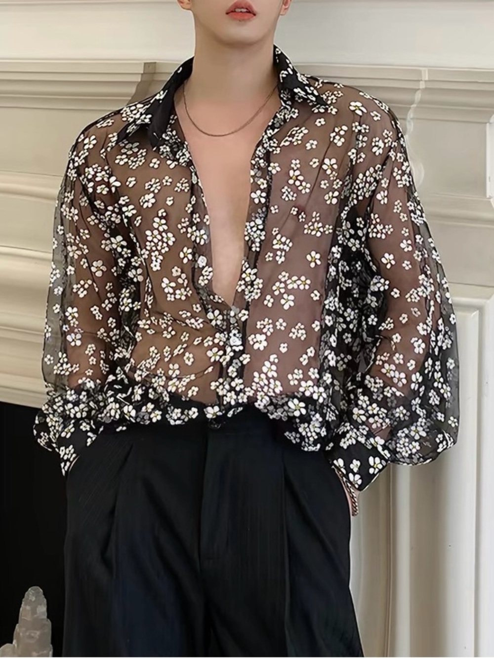 Sheer Black Floral Button-Down Blouse